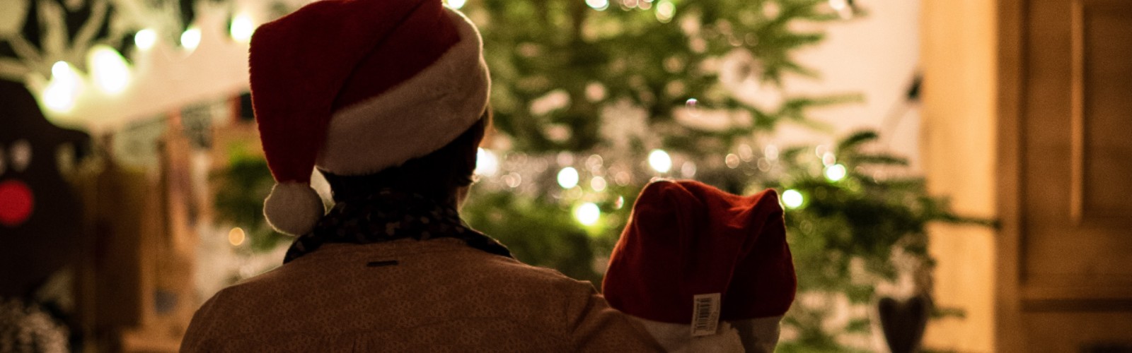 Two figures in silhouette in front of a Christmas tree